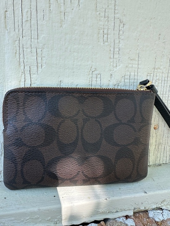 Coach Brown Signature Canvas Wristlet Wallet with Pink Unicorn and Gold Horn - Picture 3 of 5